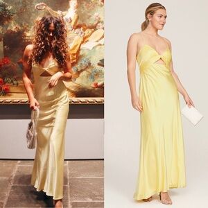 MAC DUGGAL Butter Yellow Satin Twist Front V-Neck Cutout Sleeveless Maxi Gown 16